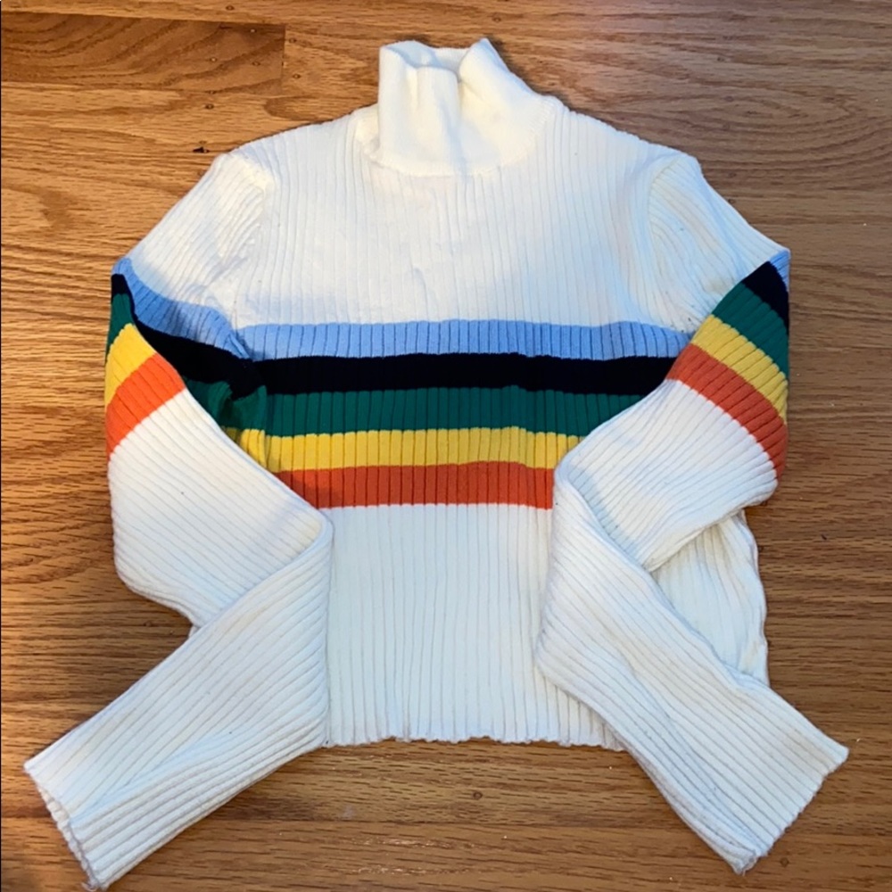 white long sleeve with colorful lined pattern